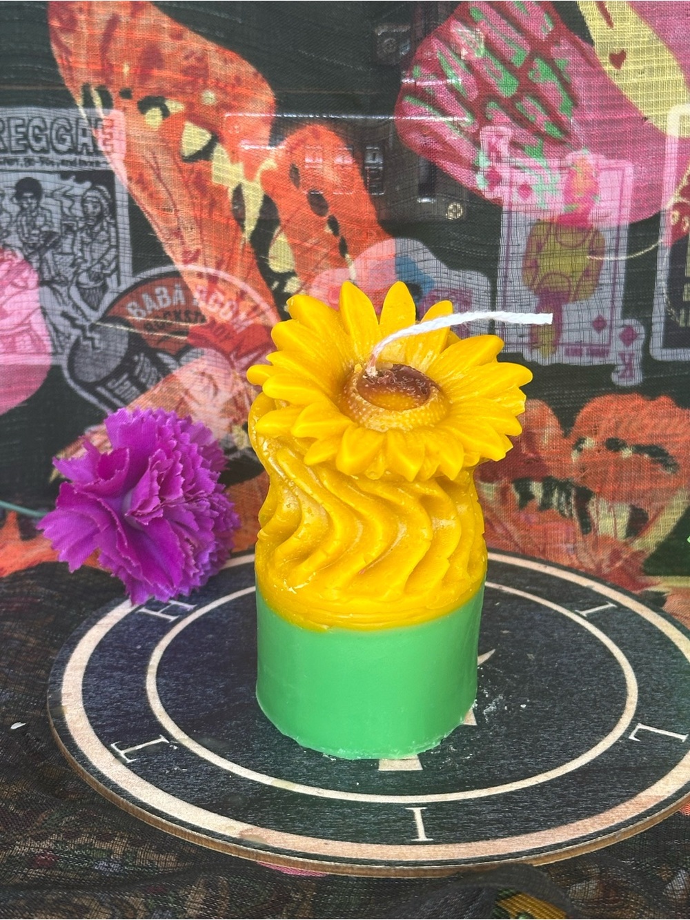 Hand Crafted Yellow Sunflower Candle with Green Base